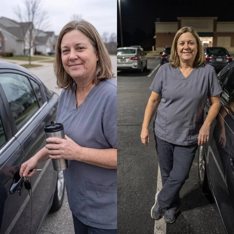 Woman in work clothes at the start and end of a 12-hour shift