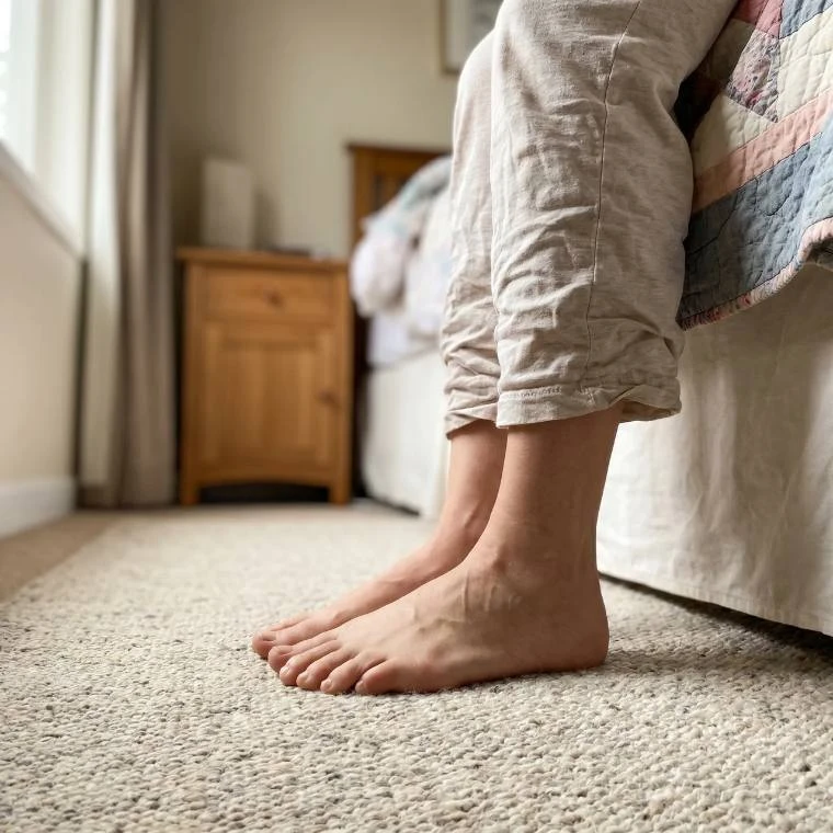 Bare feet stepping onto a bedroom floor in warm morning light