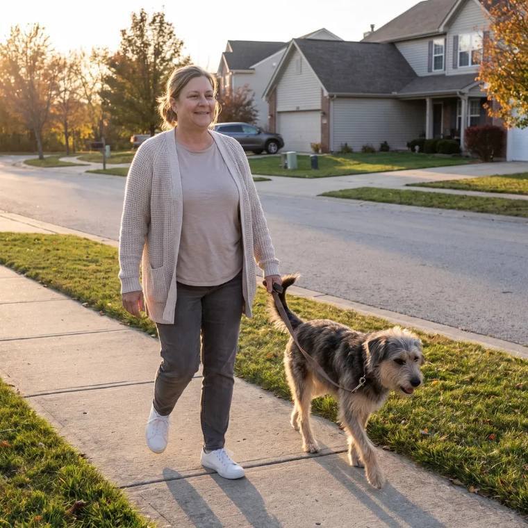Woman walking a dog on a neighborhood sidewalk