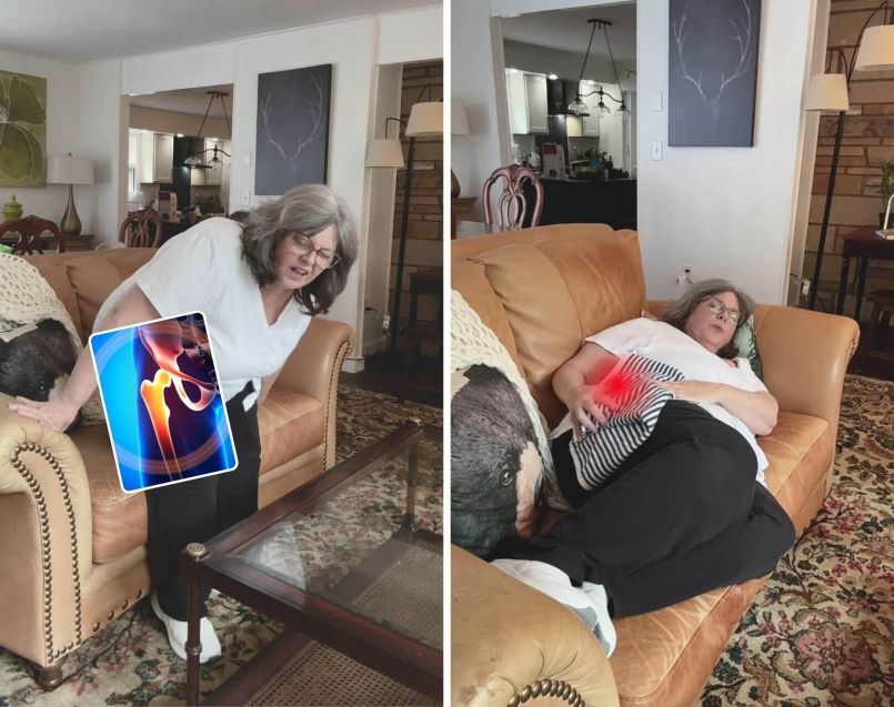 Woman struggling with hip pain while dressing