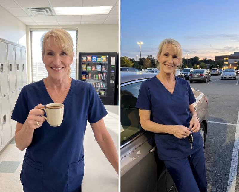 Nurse with coffee at the start of her shift and by her car at the end
