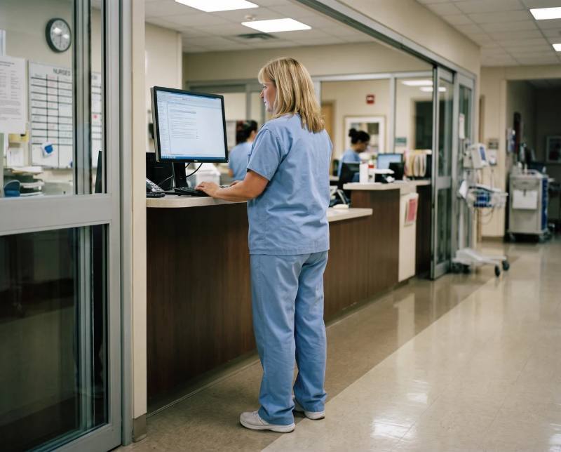 Nurse standing at a computer station during her shift
