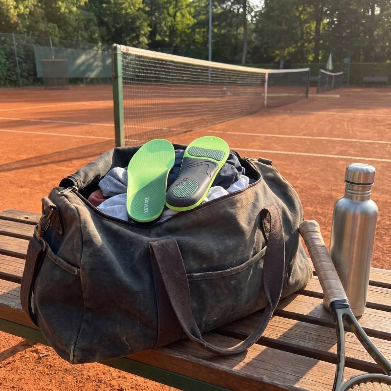 Gym bag with XSTANCE insoles beside a tennis racket at the court