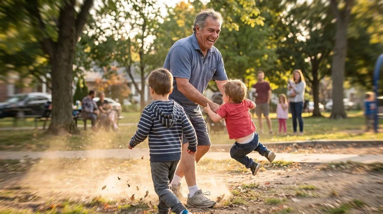 Active grandfather playing with grandkids in the park